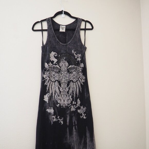 Vocal Bedazzeled Crystal Cross Sleeveless Acid Wash Tie-Dye Maxi Dress sz S - Picture 2 of 9